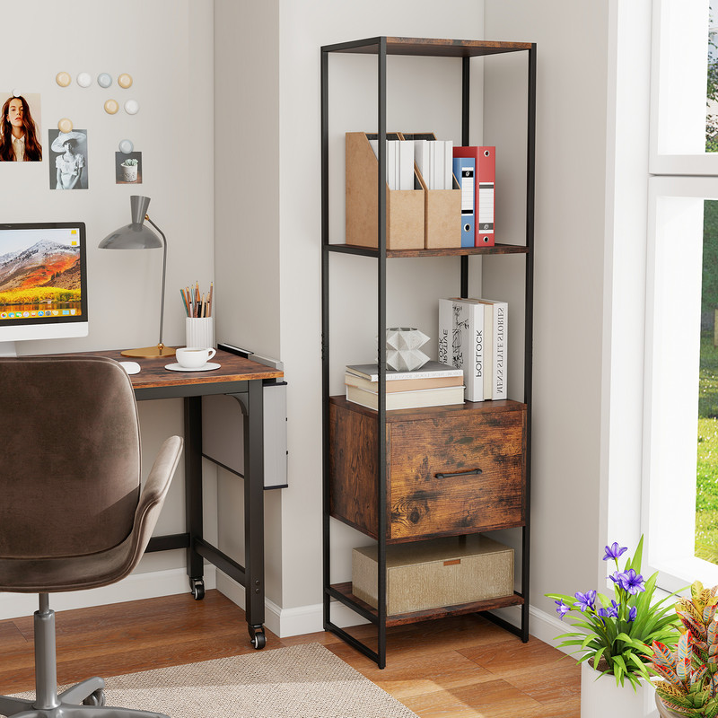 5Tier Narrow Bookcase With 4 Open Shelves  Storage Drawer SpaceSaving Bookshelf For Small Spaces 0