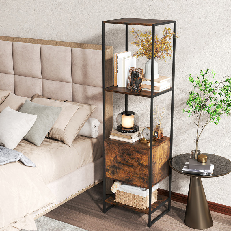 5Tier Narrow Bookcase With 4 Open Shelves  Storage Drawer SpaceSaving Bookshelf For Small Spaces 1