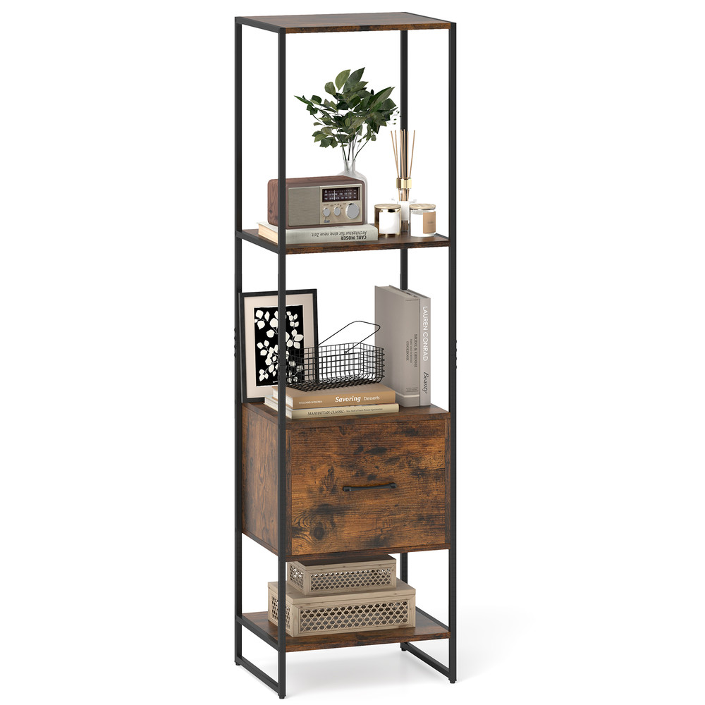 5Tier Narrow Bookcase With 4 Open Shelves  Storage Drawer SpaceSaving Bookshelf For Small Spaces 6