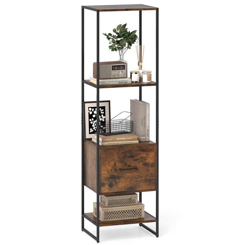 5Tier Narrow Bookcase With 4 Open Shelves  Storage Drawer SpaceSaving Bookshelf For Small Spaces 6