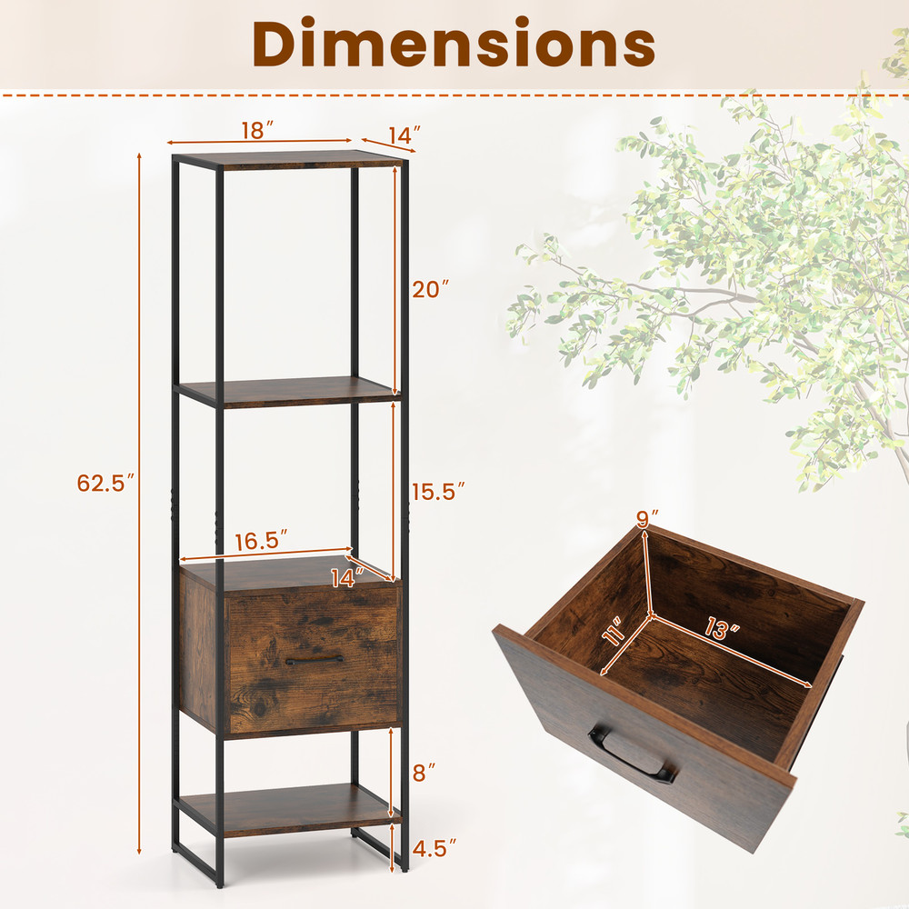 5Tier Narrow Bookcase With 4 Open Shelves  Storage Drawer SpaceSaving Bookshelf For Small Spaces 5