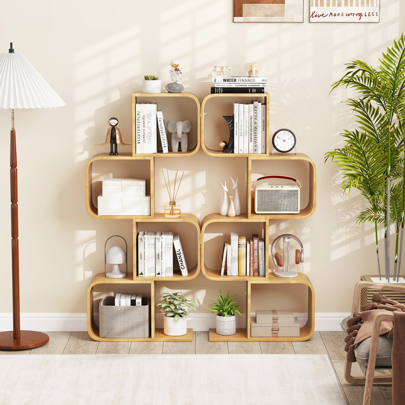 4-Tier S-Shaped Bamboo Bookcase with 4 Open Cubes – Modern Living Room Storage Shelf