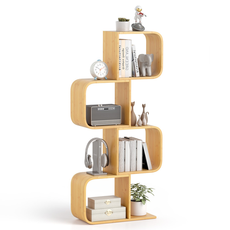 4-Tier S-Shaped Bamboo Bookcase with 4 Open Cubes – Modern Living Room Storage Shelf