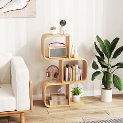 3-tier s-shaped bookcase with 3 open cubes – bamboo living room shelf for stylish storage