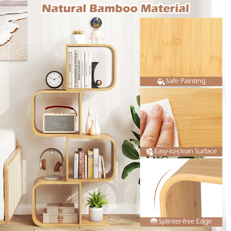 4-Tier S-Shaped Bamboo Bookcase with 4 Open Cubes – Modern Living Room Storage Shelf