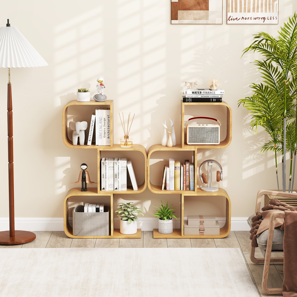 3-Tier S-Shaped Bookcase with 3 Open Cubes – Bamboo Living Room Shelf for Stylish Storage