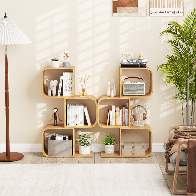3-Tier S-Shaped Bookcase with 3 Open Cubes – Bamboo Living Room Shelf for Stylish Storage