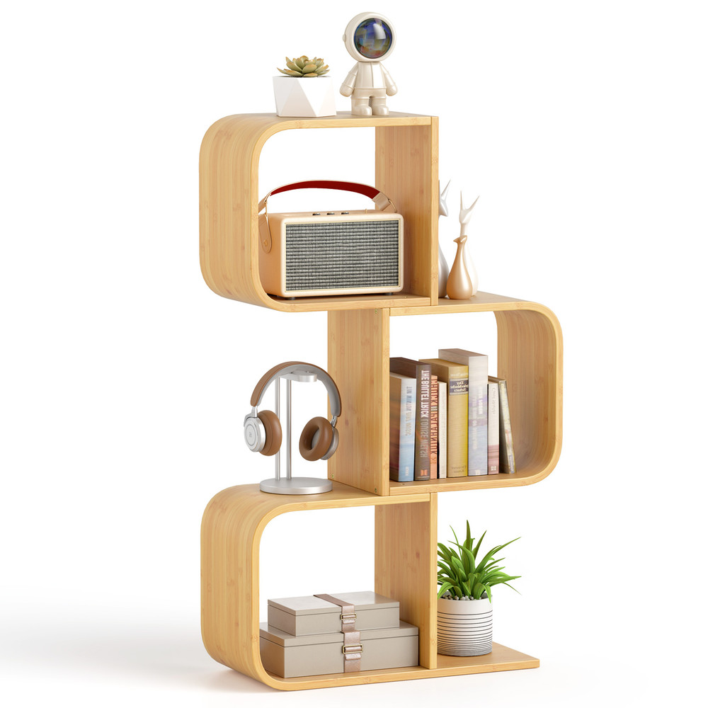 3-Tier S-Shaped Bookcase with 3 Open Cubes – Bamboo Living Room Shelf for Stylish Storage