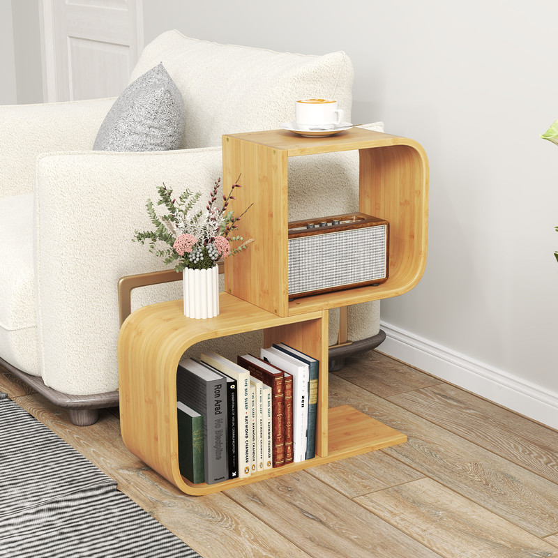 2-Tier S-Shaped Bamboo Bookcase with 2 Open Cubes – Modern Storage for Living Room & Study