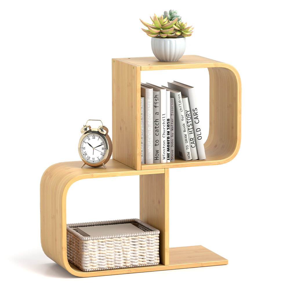 2-Tier S-Shaped Bamboo Bookcase with 2 Open Cubes – Modern Storage for Living Room & Study