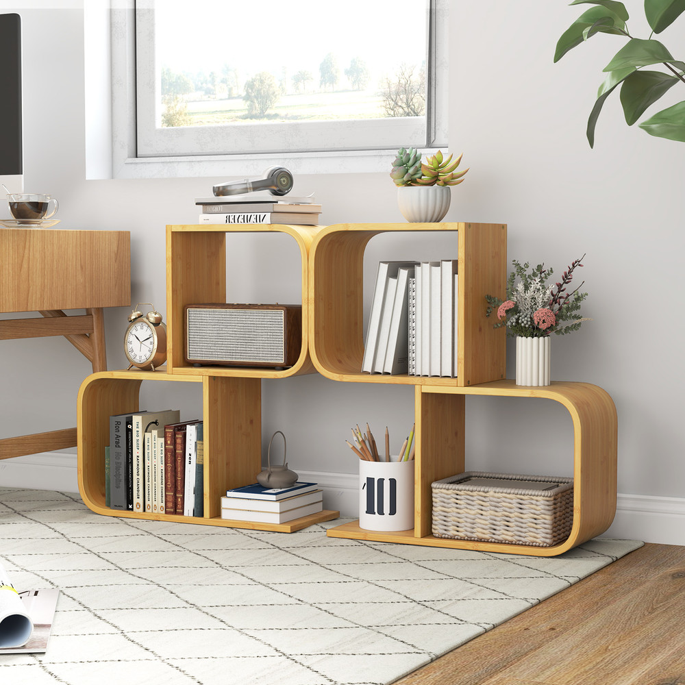 2-Tier S-Shaped Bamboo Bookcase with 2 Open Cubes – Modern Storage for Living Room & Study