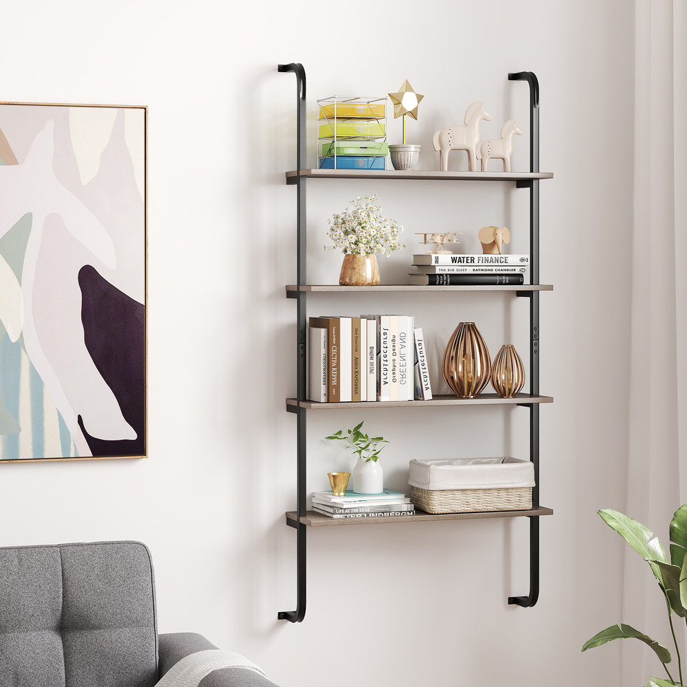 4-Tier Industrial Pipe Shelving with Metal Frame – Rustic Floating Bookshelf for Living Room & Kitchen