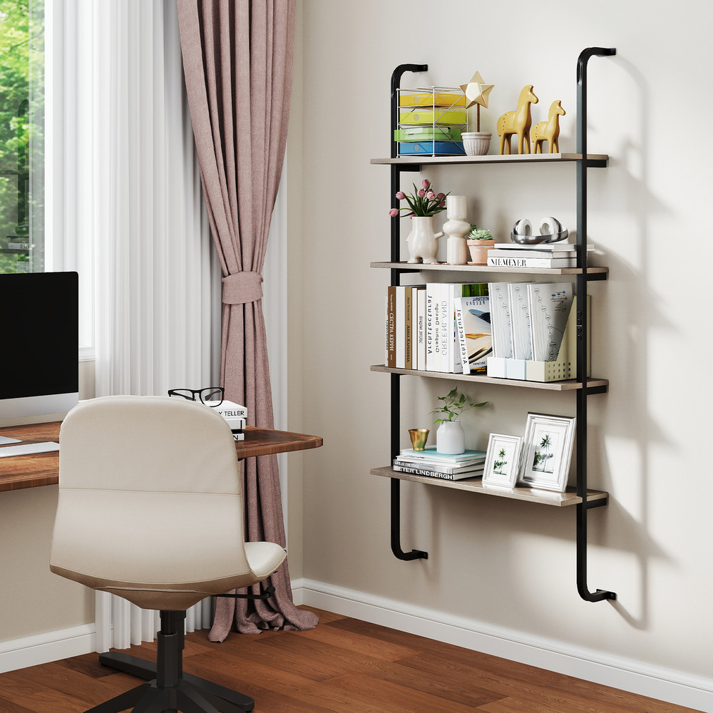 4-Tier Industrial Pipe Shelving with Metal Frame – Rustic Floating Bookshelf for Living Room & Kitchen