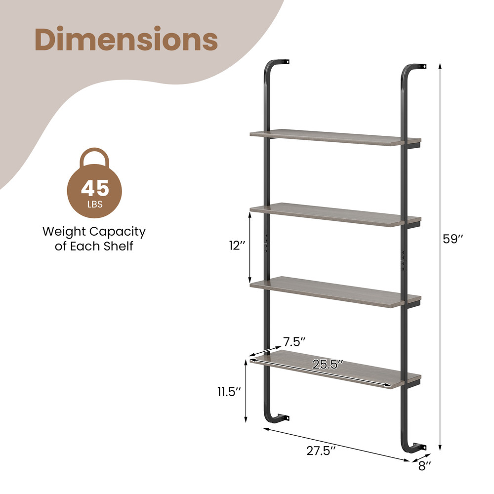 4-Tier Industrial Pipe Shelving with Metal Frame – Rustic Floating Bookshelf for Living Room & Kitchen