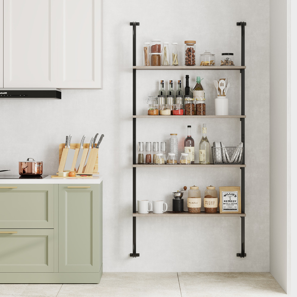 4-Tier Industrial Pipe Shelving with Metal Frame – Rustic Floating Bookshelf for Living Room & Kitchen