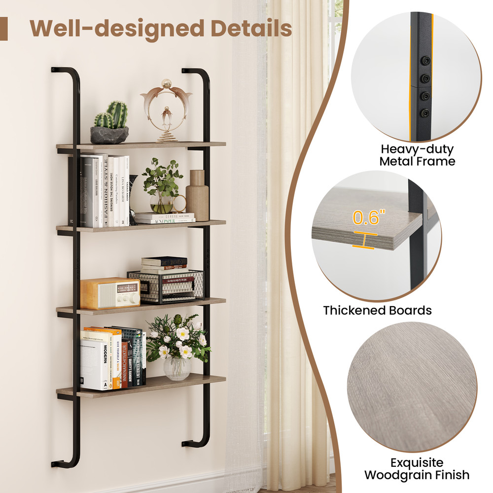 4-Tier Industrial Pipe Shelving with Metal Frame – Rustic Floating Bookshelf for Living Room & Kitchen