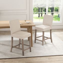 counter height bar stools set of 2 with back and footrest durable rubber wood & linen upholstery