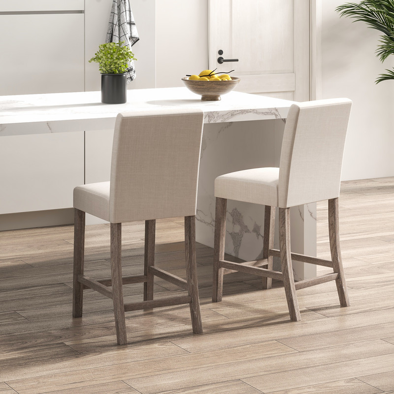 Counter Height Bar Stools Set of 2 with Back and Footrest Durable Rubber Wood & Linen Upholstery