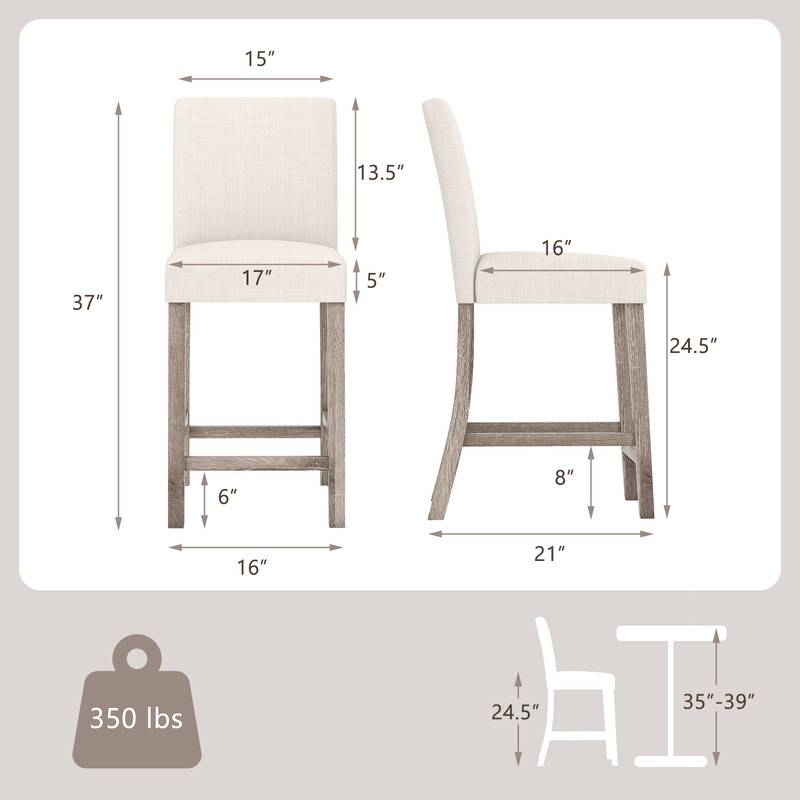 Counter Height Bar Stools Set of 2 with Back and Footrest Durable Rubber Wood & Linen Upholstery