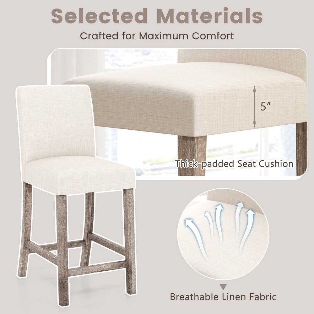 Counter Height Bar Stools Set of 2 with Back and Footrest Durable Rubber Wood & Linen Upholstery