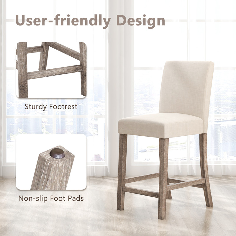 Counter Height Bar Stools Set of 2 with Back and Footrest Durable Rubber Wood & Linen Upholstery