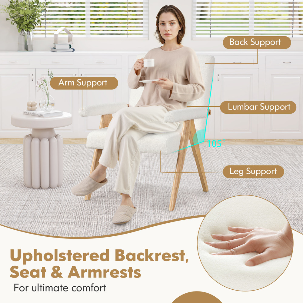 Mid Century Modern Accent Chair with Rubber Wood Frame & Padded Armrests Sherpa Upholstered Comfort