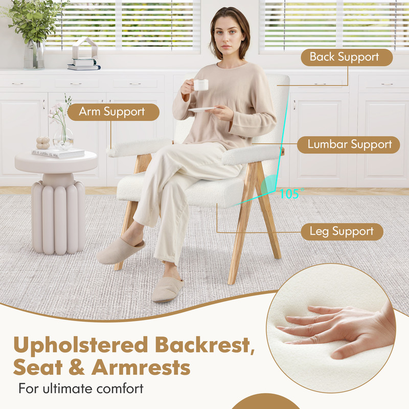 Mid Century Modern Accent Chair with Rubber Wood Frame & Padded Armrests Sherpa Upholstered Comfort