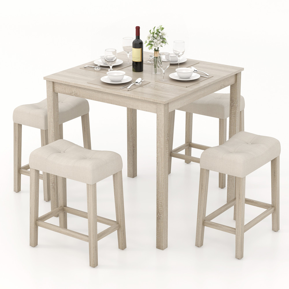 5 Piece Bar Table Set with Square Table and 4 Padded Stools Space Saving Dining Set for Kitchens & Breakfast Nooks