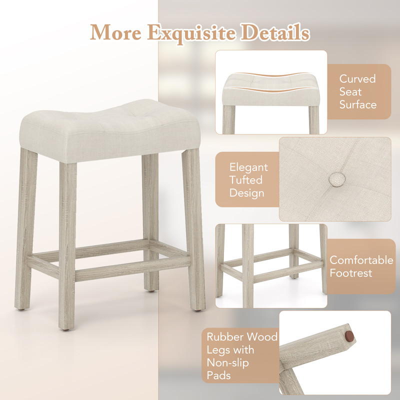 Set of 4 Upholstered Counter Height Bar Stools with Curved Saddle Seat Premium Rubber Wood Frame & Plush Cushioning