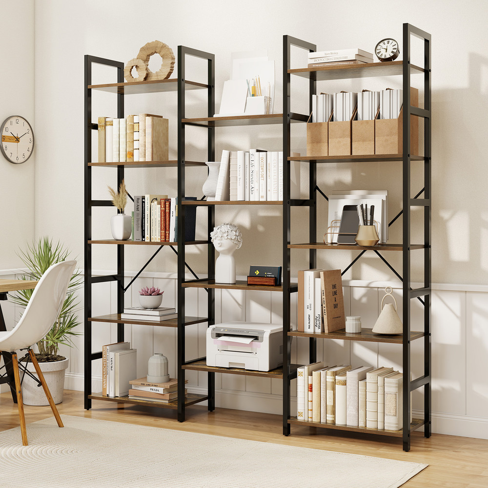 5 Tier Triple Wide Heavy Duty Metal Frame Industrial Bookshelf Sturdy & Spacious Storage Solution