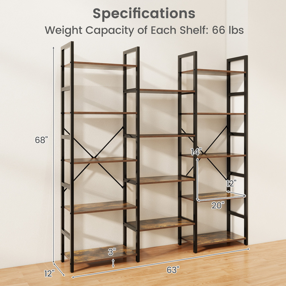 5 Tier Triple Wide Heavy Duty Metal Frame Industrial Bookshelf Sturdy & Spacious Storage Solution
