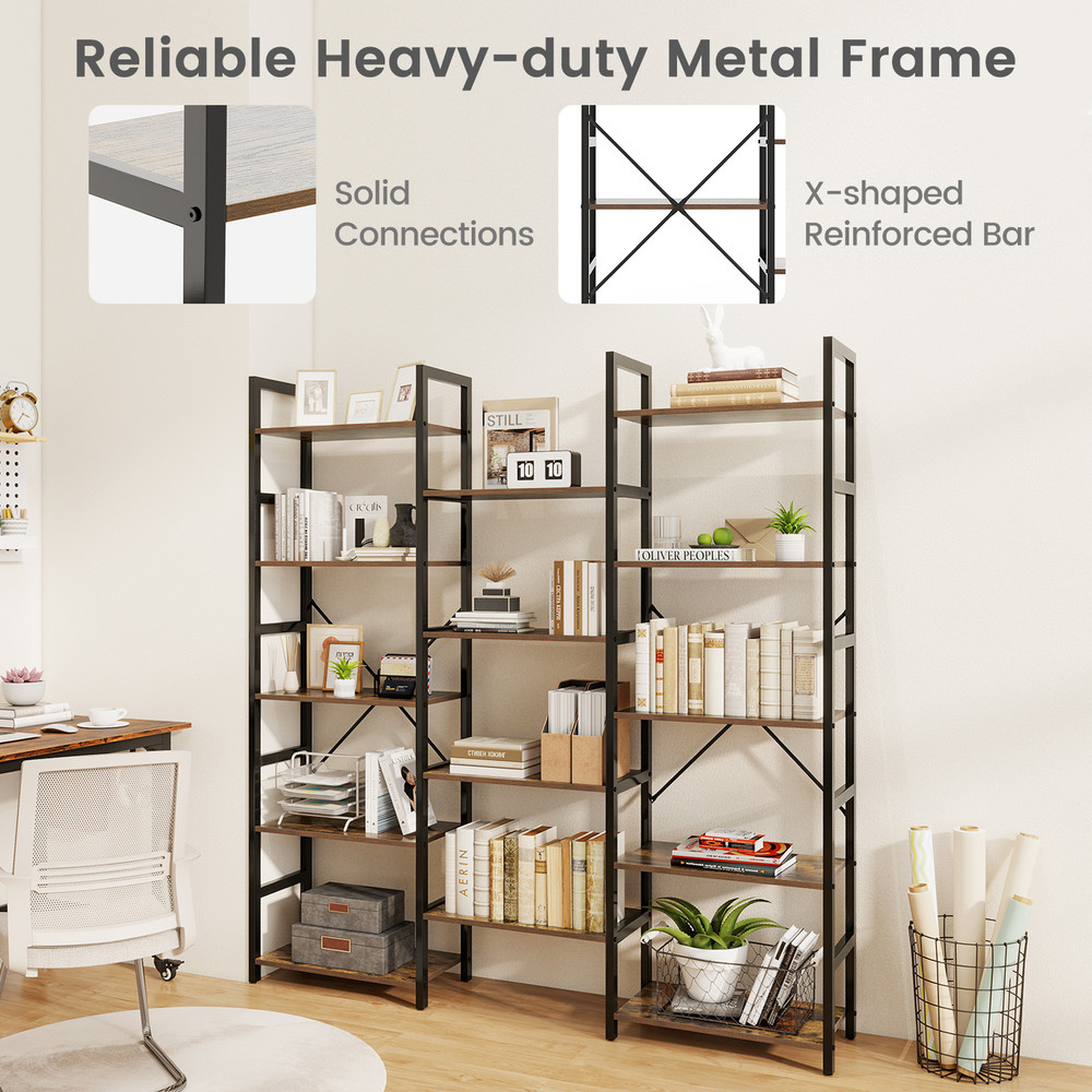 5 Tier Triple Wide Heavy Duty Metal Frame Industrial Bookshelf Sturdy & Spacious Storage Solution