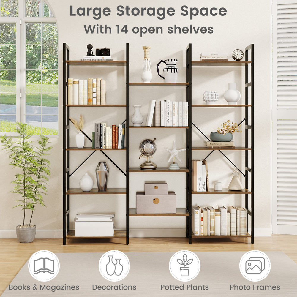 5 Tier Triple Wide Heavy Duty Metal Frame Industrial Bookshelf Sturdy & Spacious Storage Solution