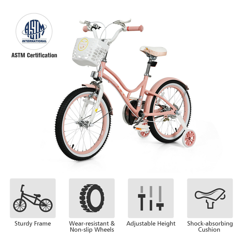 18 Inch Kids Adjustable Bike with Training Wheels for 6-9 Years Old, Removable Wheels, Detachable Basket & Safety Brake
