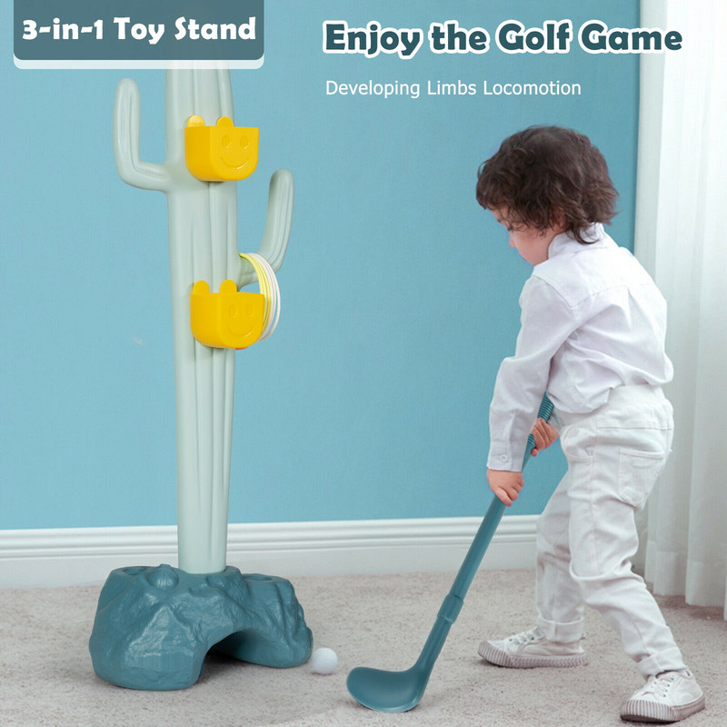 3-in-1 Cactus Toy Stand Sports Activity Center with Golf & Ring-Toss, Fun Indoor Game Set for Kids