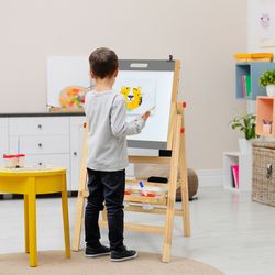 kids art easel with paper roll double sided chalkboard and whiteboard, sturdy, height-adjustable station
