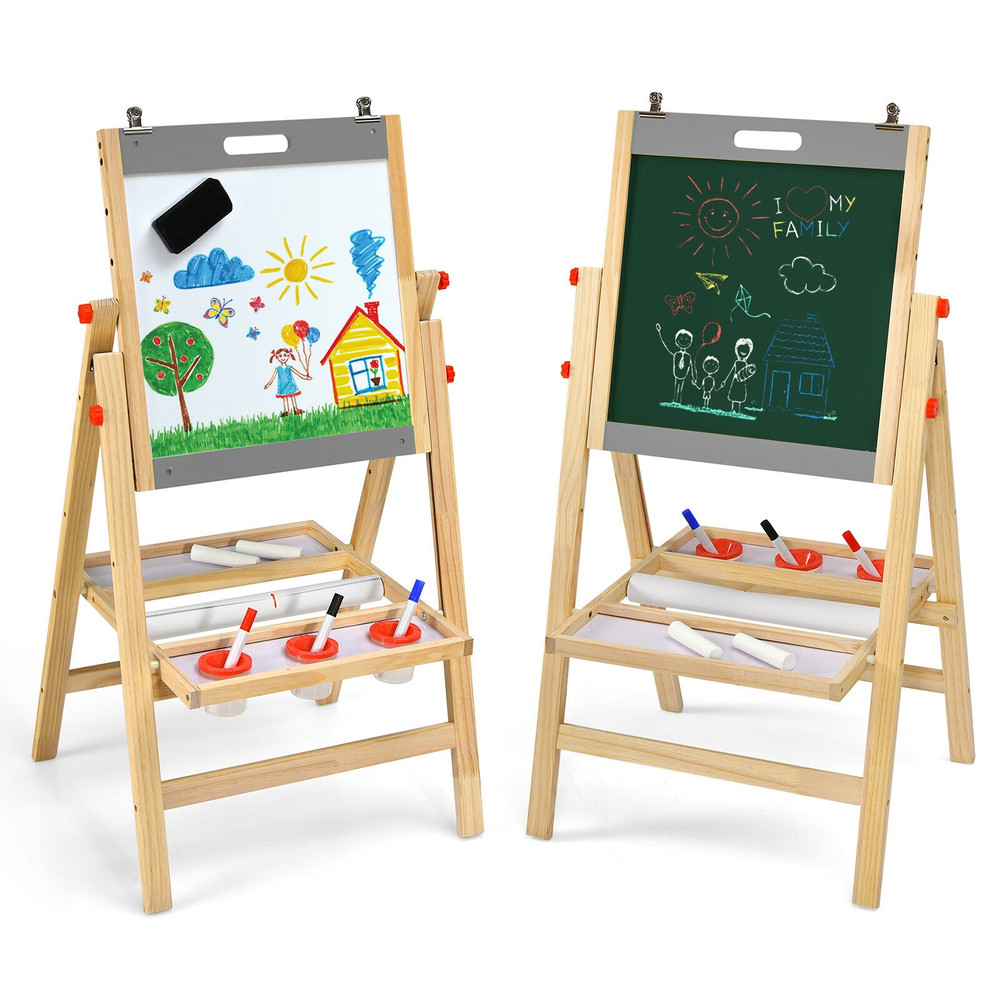 Kids Art Easel with Paper Roll Double Sided Chalkboard and Whiteboard, Sturdy, Height-Adjustable Station