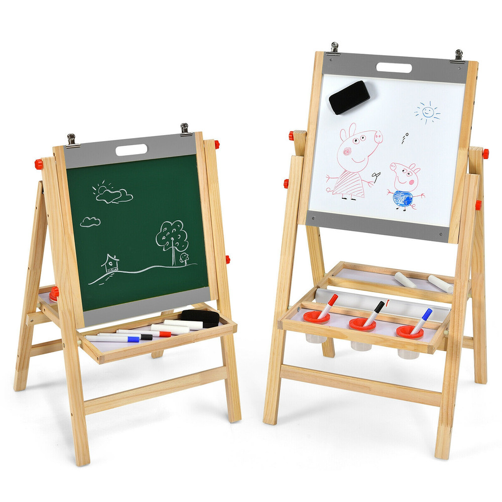 Kids Art Easel with Paper Roll Double Sided Chalkboard and Whiteboard, Sturdy, Height-Adjustable Station