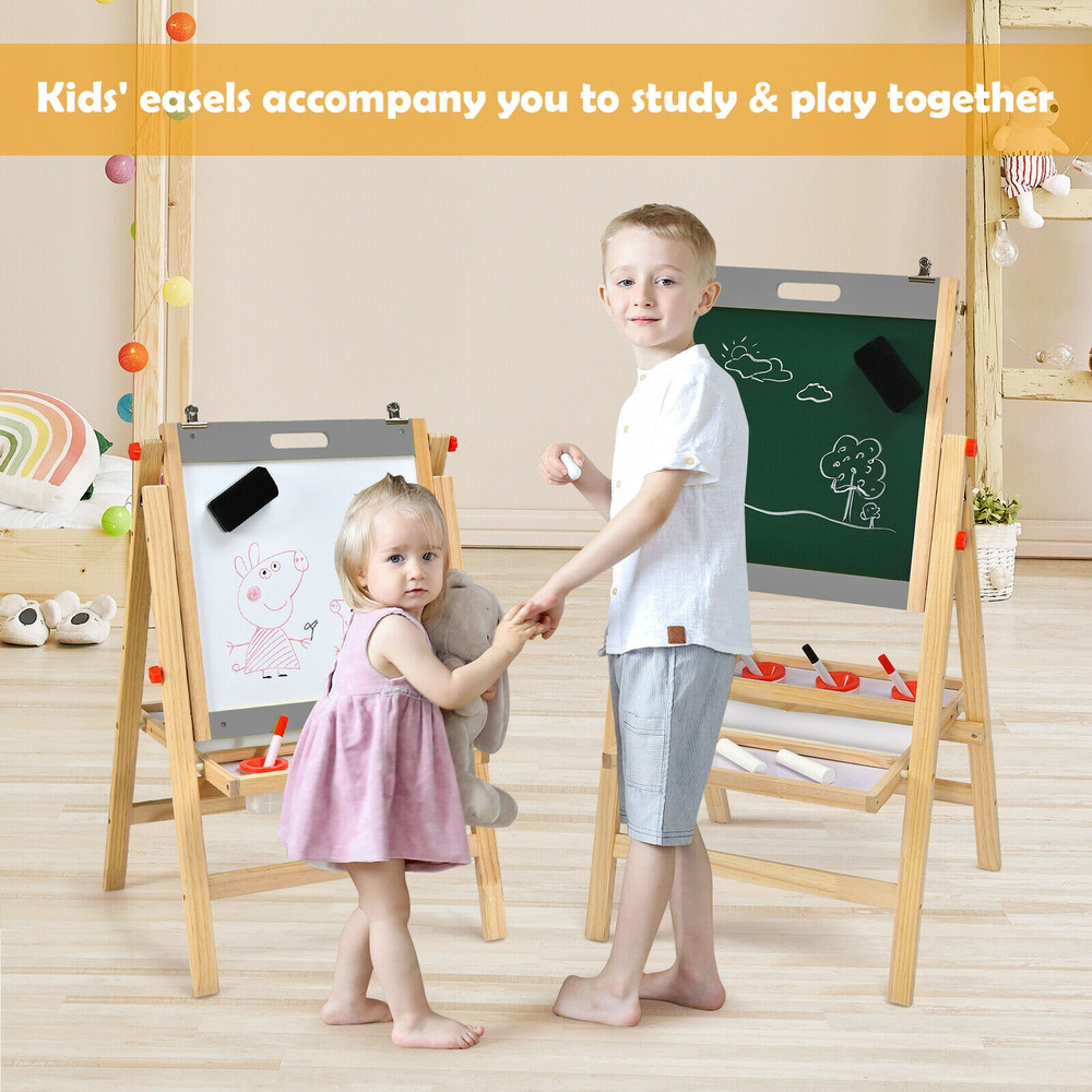 Kids Art Easel with Paper Roll Double Sided Chalkboard and Whiteboard, Sturdy, Height-Adjustable Station