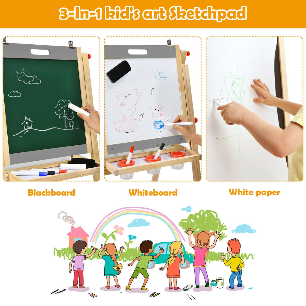 Kids Art Easel with Paper Roll Double Sided Chalkboard and Whiteboard, Sturdy, Height-Adjustable Station