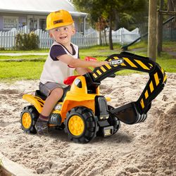 kids ride on push car bulldozer digger toy with safety helmet and working shovel, realistic excavator playset