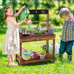 outdoor mud kitchen for kids with rotatable faucet and removable sink, solid fir wood imaginative play cooking station