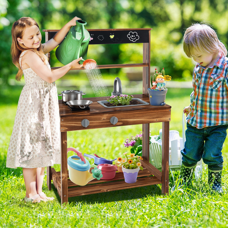Outdoor Mud Kitchen for Kids with Rotatable Faucet and Removable Sink, Solid Fir Wood Imaginative Play Cooking Station