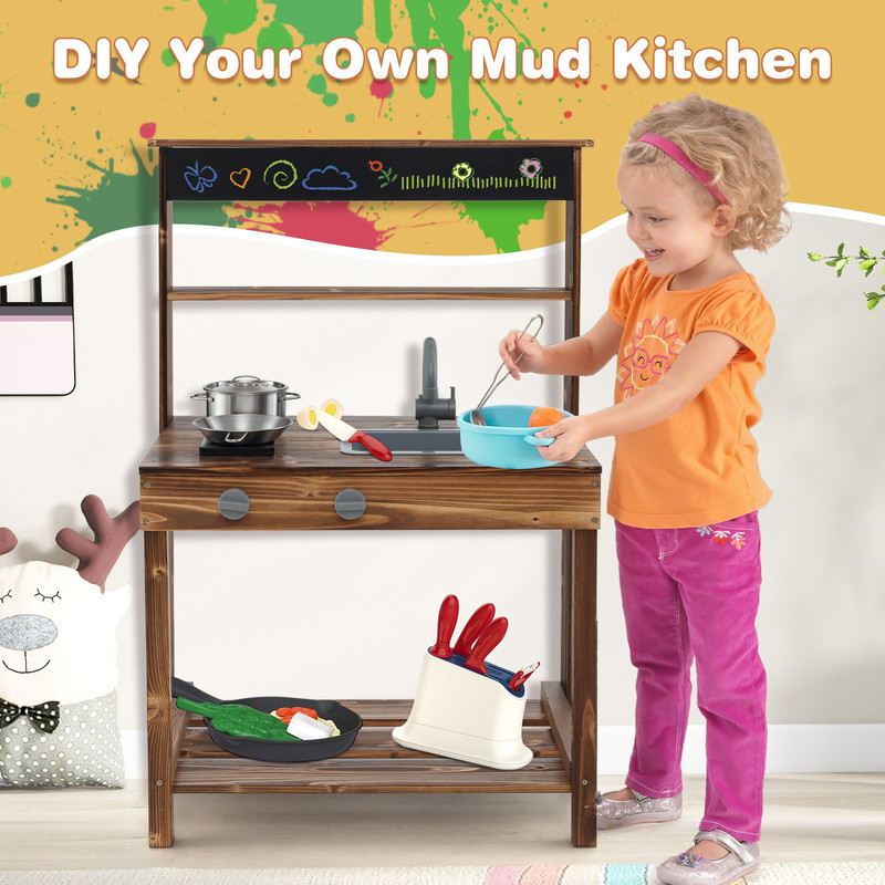 Outdoor Mud Kitchen for Kids with Rotatable Faucet and Removable Sink, Solid Fir Wood Imaginative Play Cooking Station