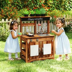 mud kitchen fir wood play kitchen with 4 panting pots, faucet & removable sink, outdoor pretend playset for kids