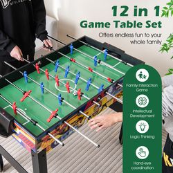 12-in-1 combo game table set with foosball, air hockey, pool, chess & ping pong, ultimate family entertainment center