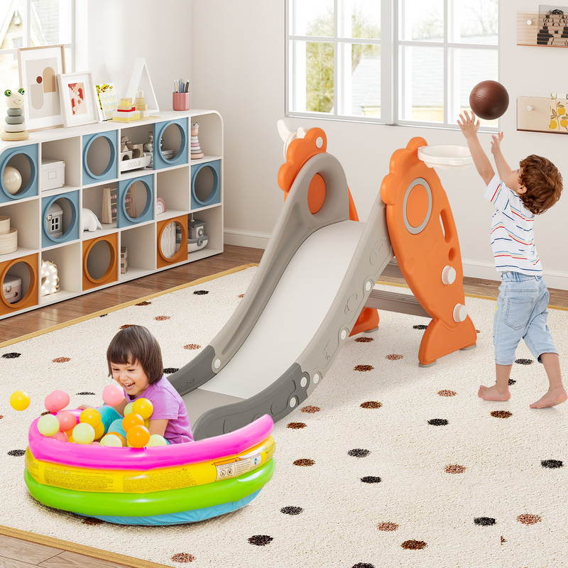 4in1 Indoor Slide For Kids With Basketball Hoop And Rings Foldable Toddler Playset For Motor Skill 0