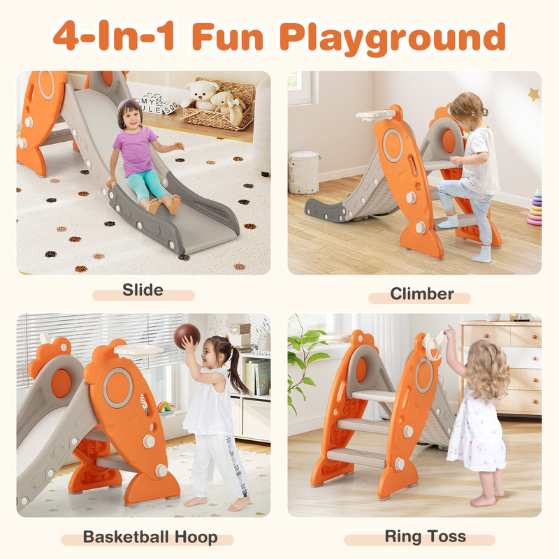 4in1 Indoor Slide For Kids With Basketball Hoop And Rings Foldable Toddler Playset For Motor Skill 4