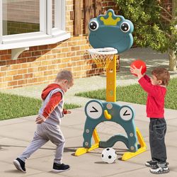 4-in-1 toddler basketball hoop with rim and soccer goal, adjustable kids activity center with ring toss & golf toy