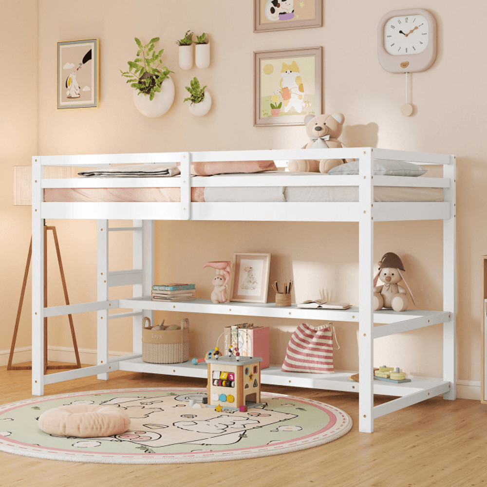 SpaceSaving Twin Loft Bed With Storage Shelves Perfect Kids House Bed For Small Rooms 0